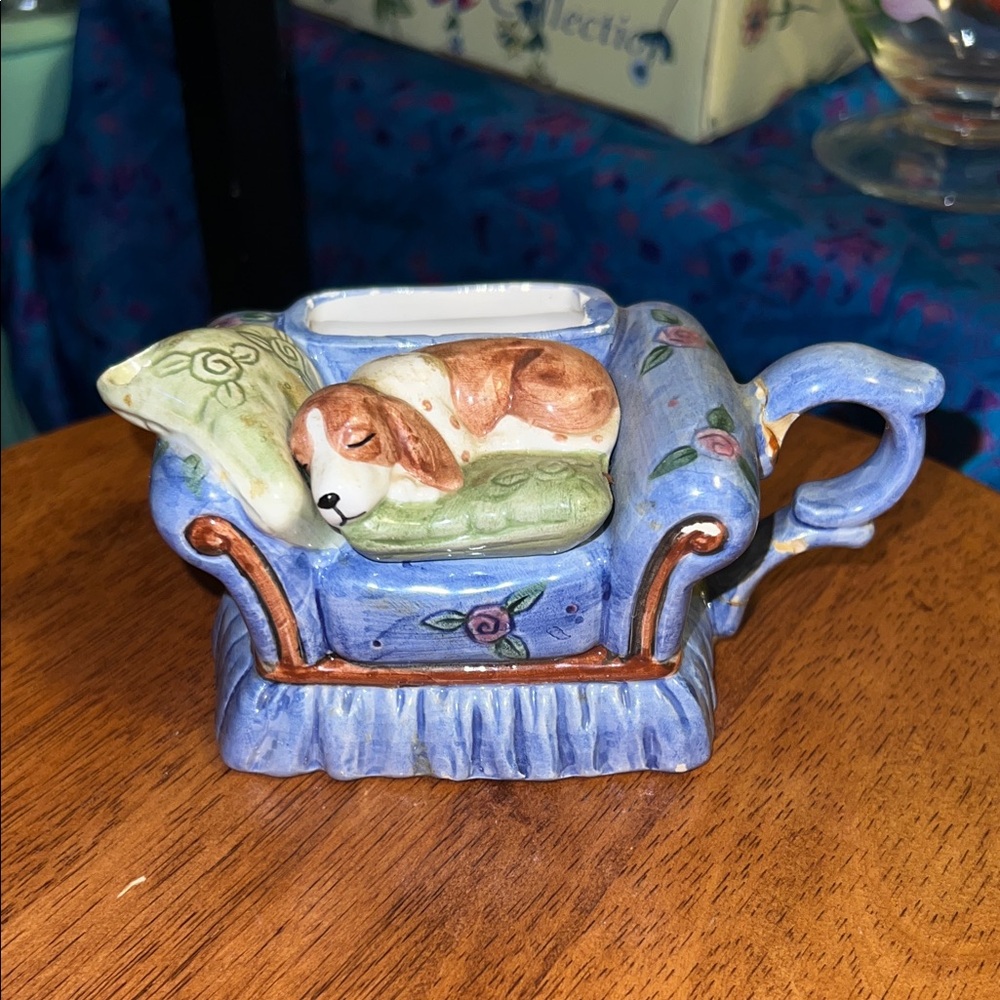 Blue Ceramic Dog Figurine on Couch mini planter
